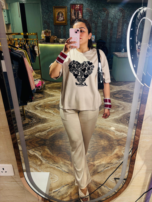 Beige Heart Graphic Co-ord Set