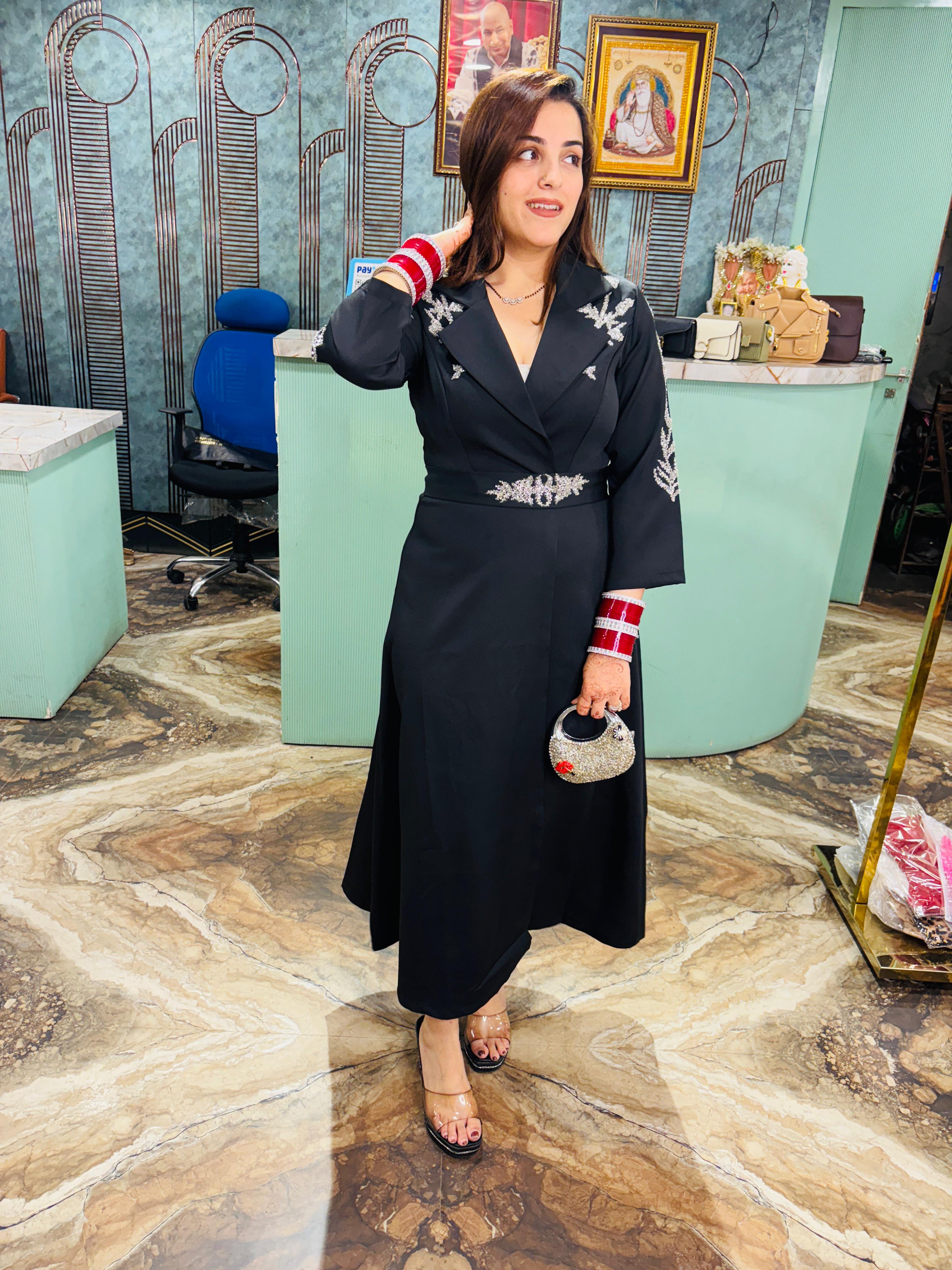 Midnight Elegance  Embroidered Long Coat Dress