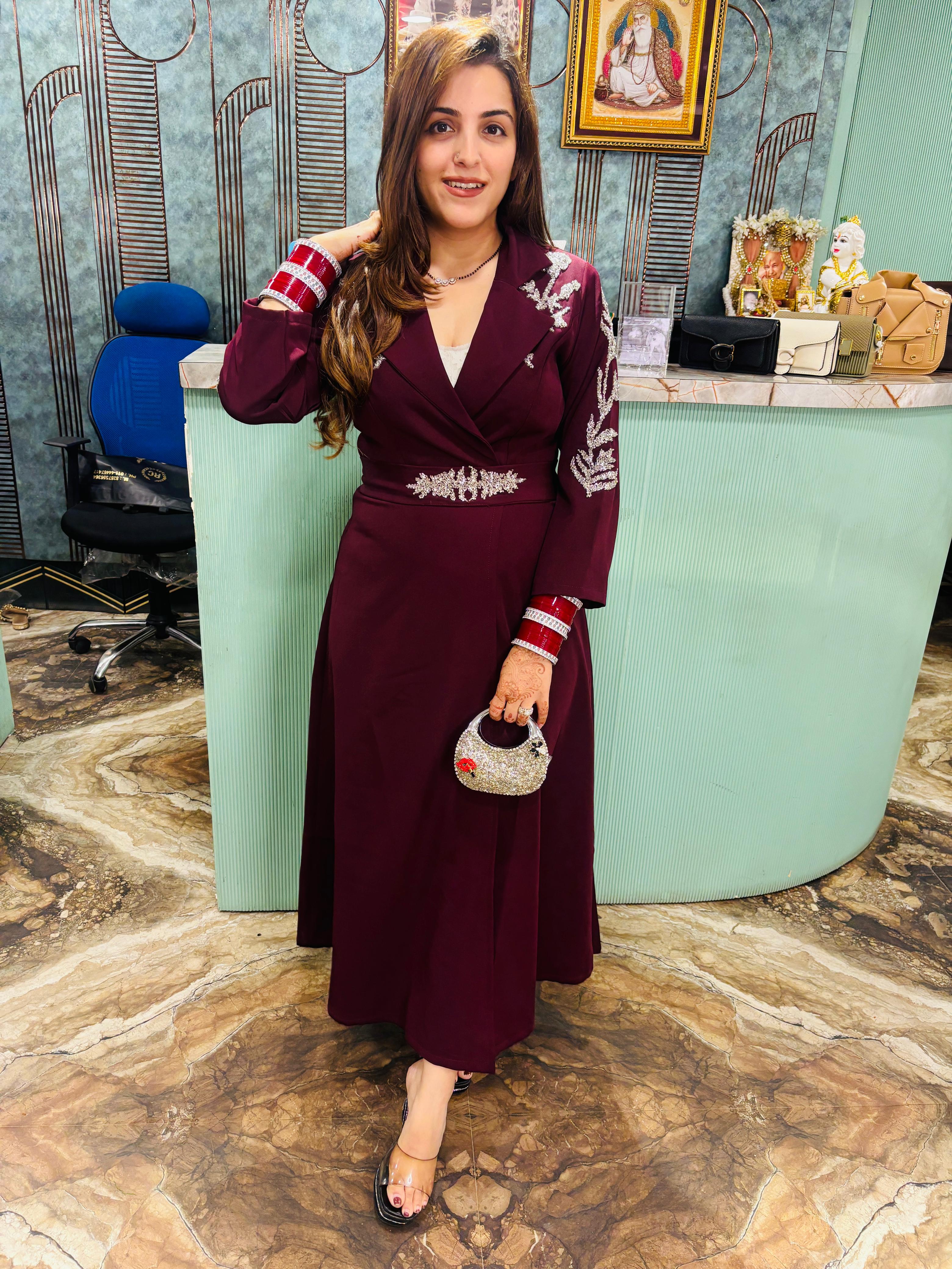 Midnight Elegance  Embroidered Long Coat Dress