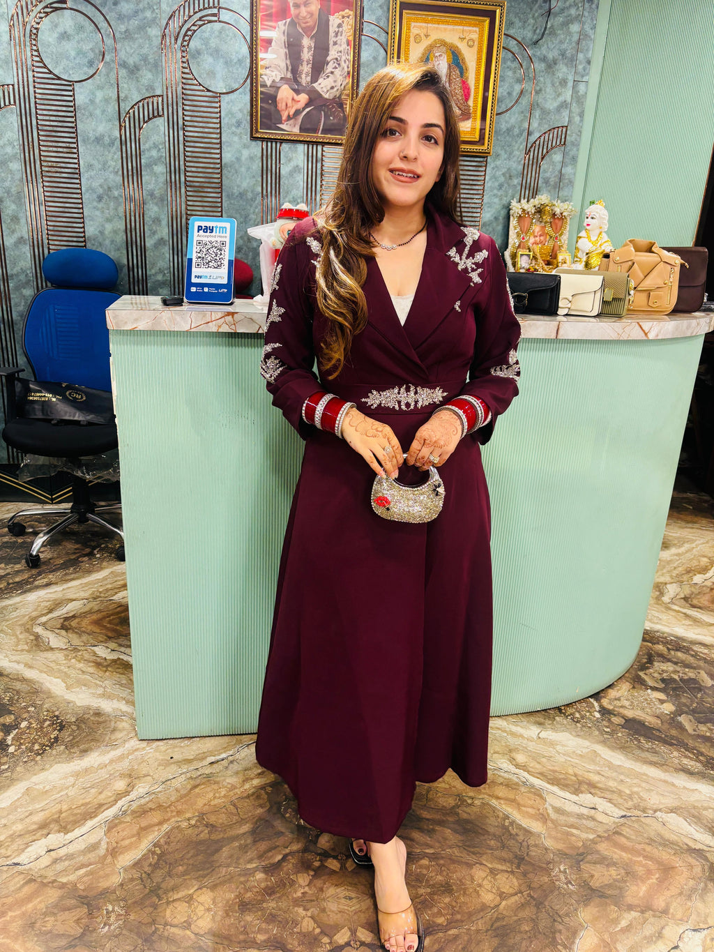 Midnight Elegance  Embroidered Long Coat Dress