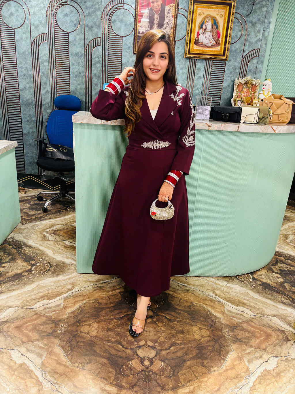 Midnight Elegance  Embroidered Long Coat Dress