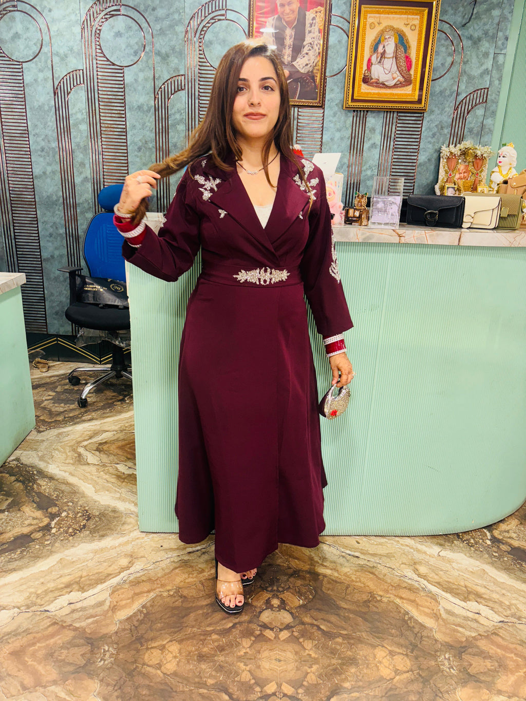 Midnight Elegance  Embroidered Long Coat Dress