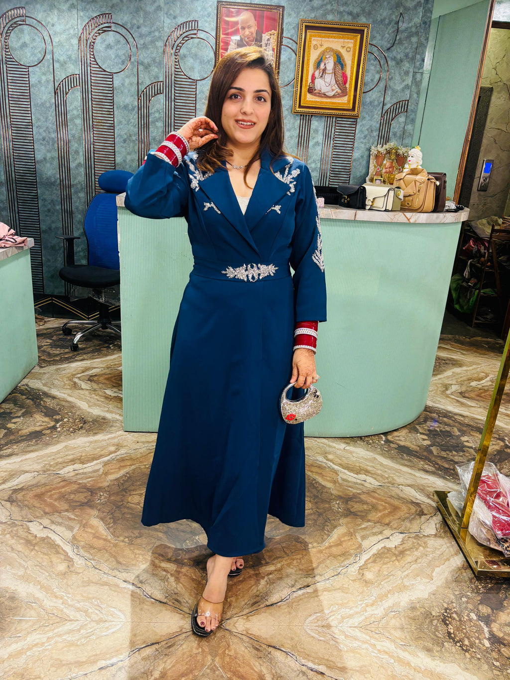 Midnight Elegance  Embroidered Long Coat Dress