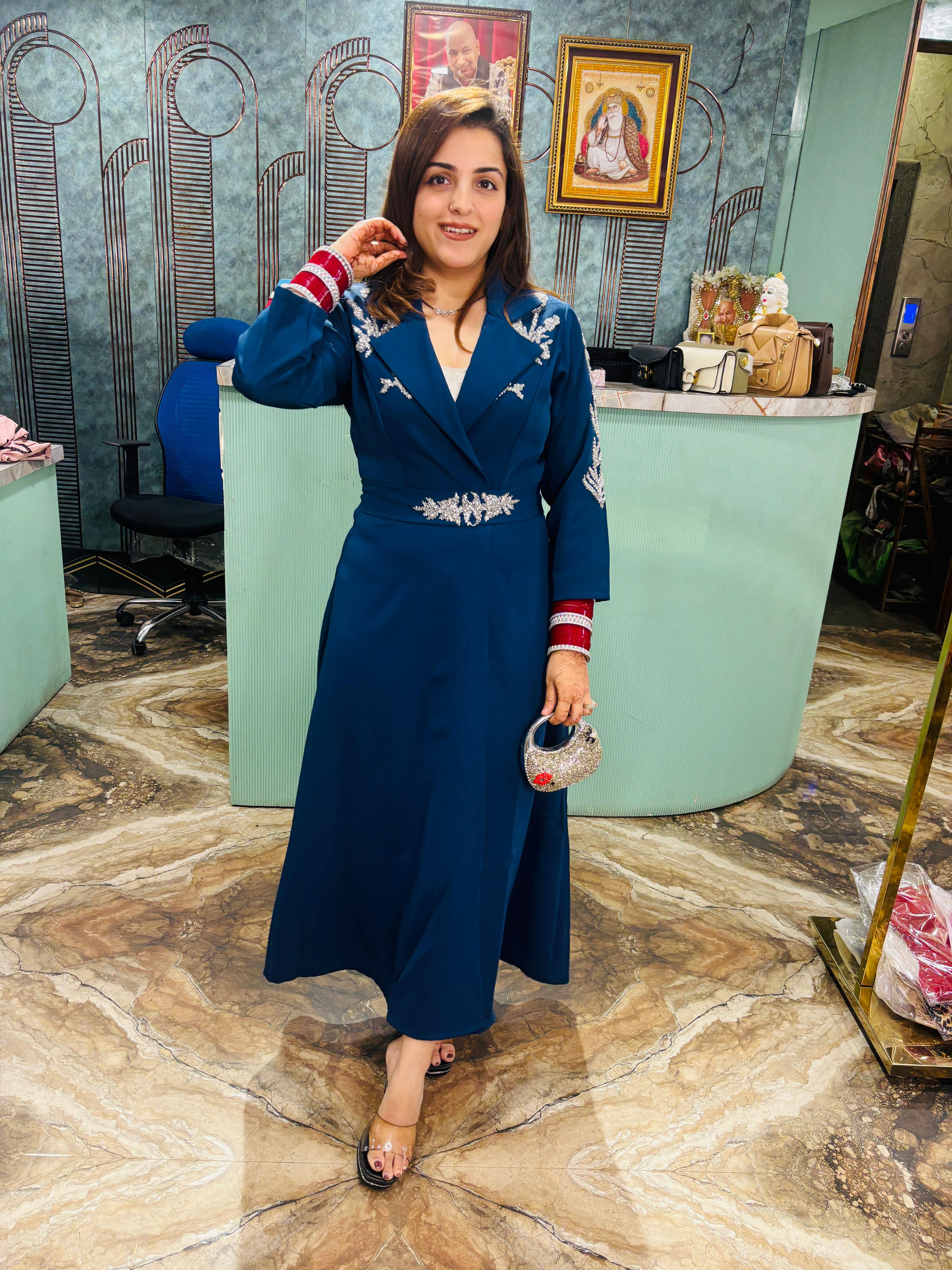 Midnight Elegance  Embroidered Long Coat Dress