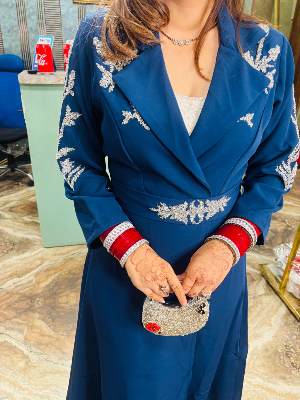 Midnight Elegance  Embroidered Long Coat Dress