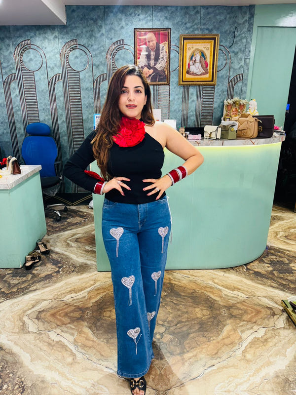 Bold Bloom One-Shoulder Top with Heart Denim Jean's