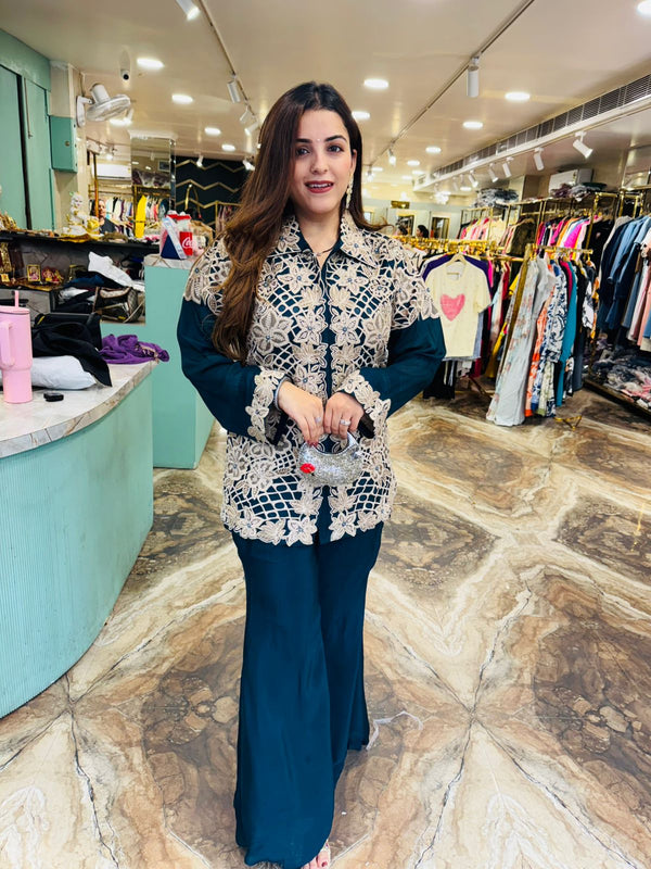 Emerald Elegance Floral Embroidered Co-ord Set