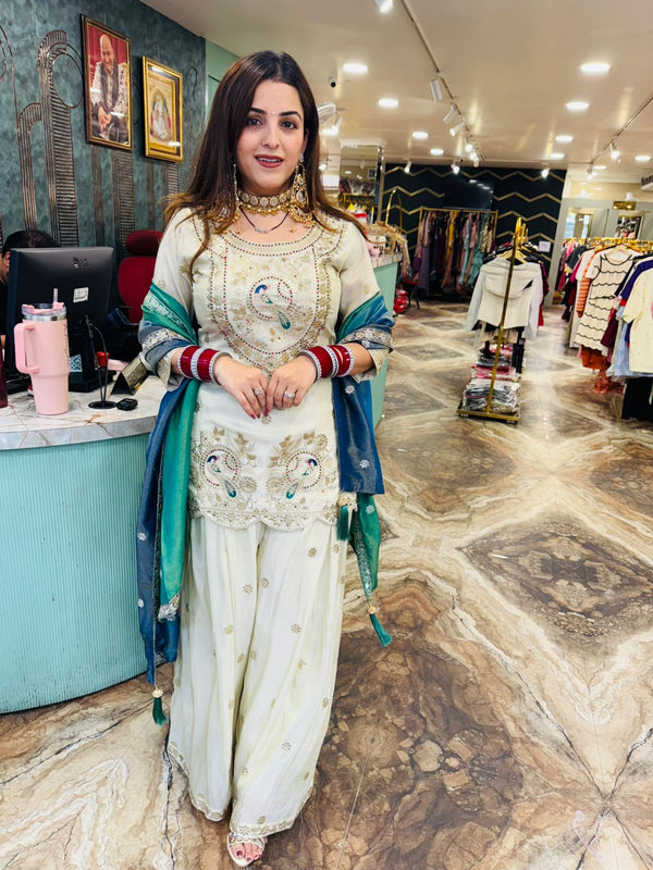 Ivory Peacock Embroidered Palazzo Suit