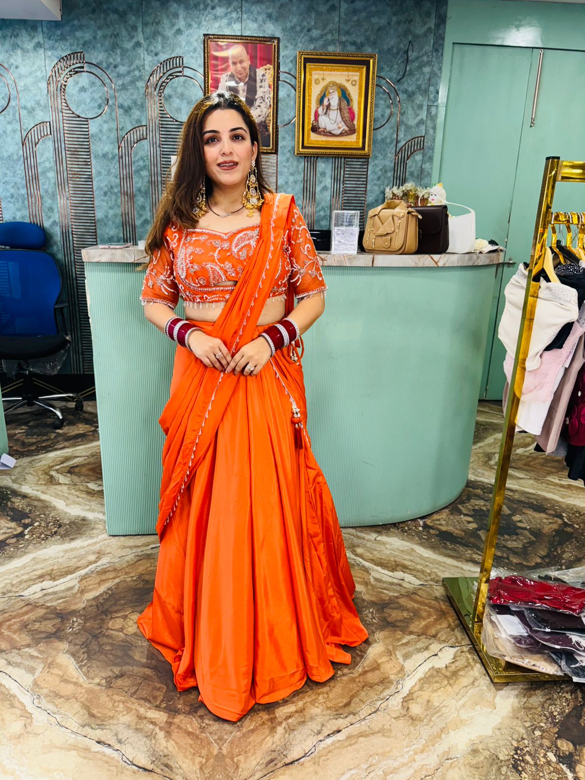 Tangerine Radiance Embroidered Saree Gown
