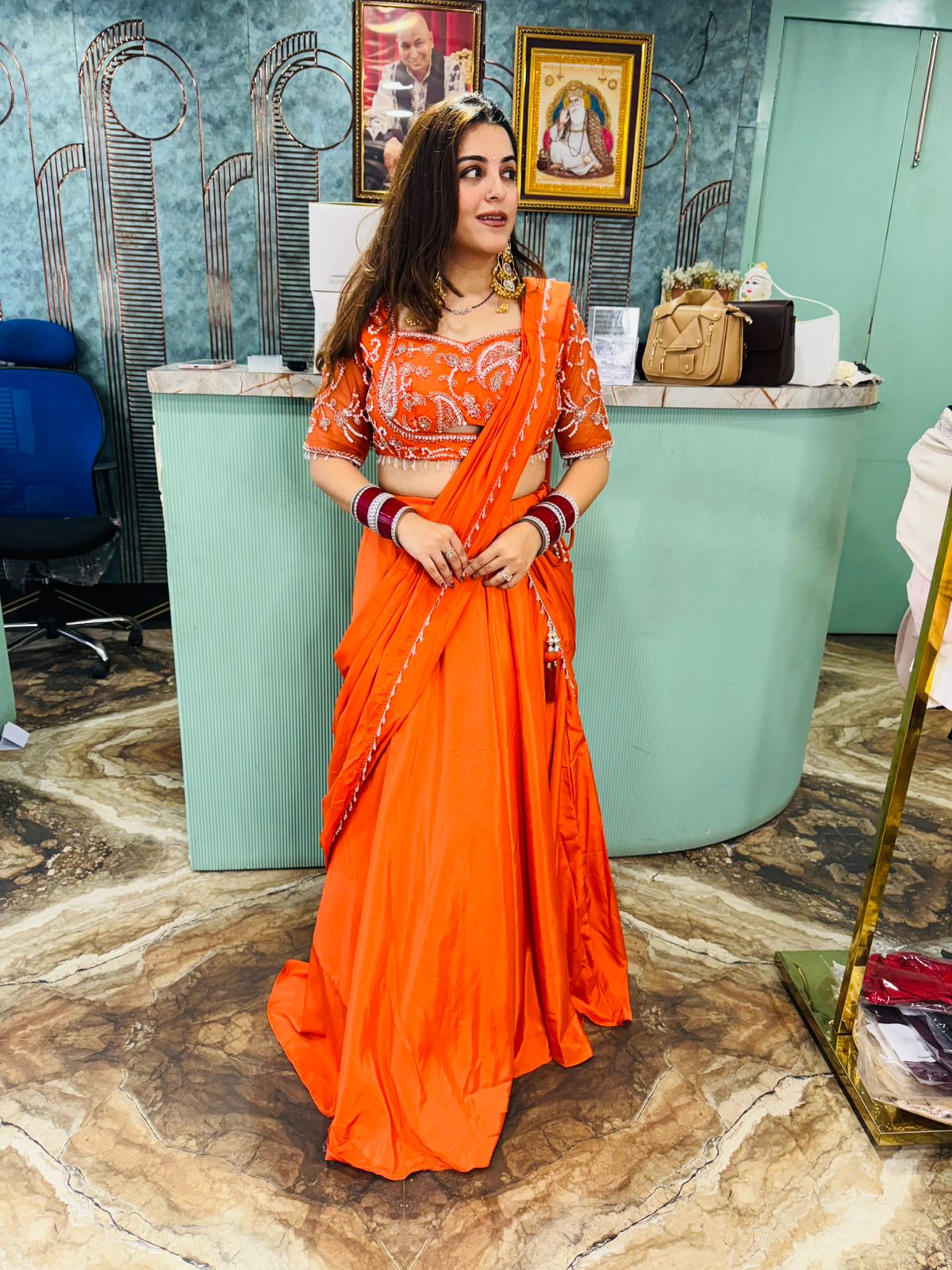 Tangerine Radiance Embroidered Saree Gown