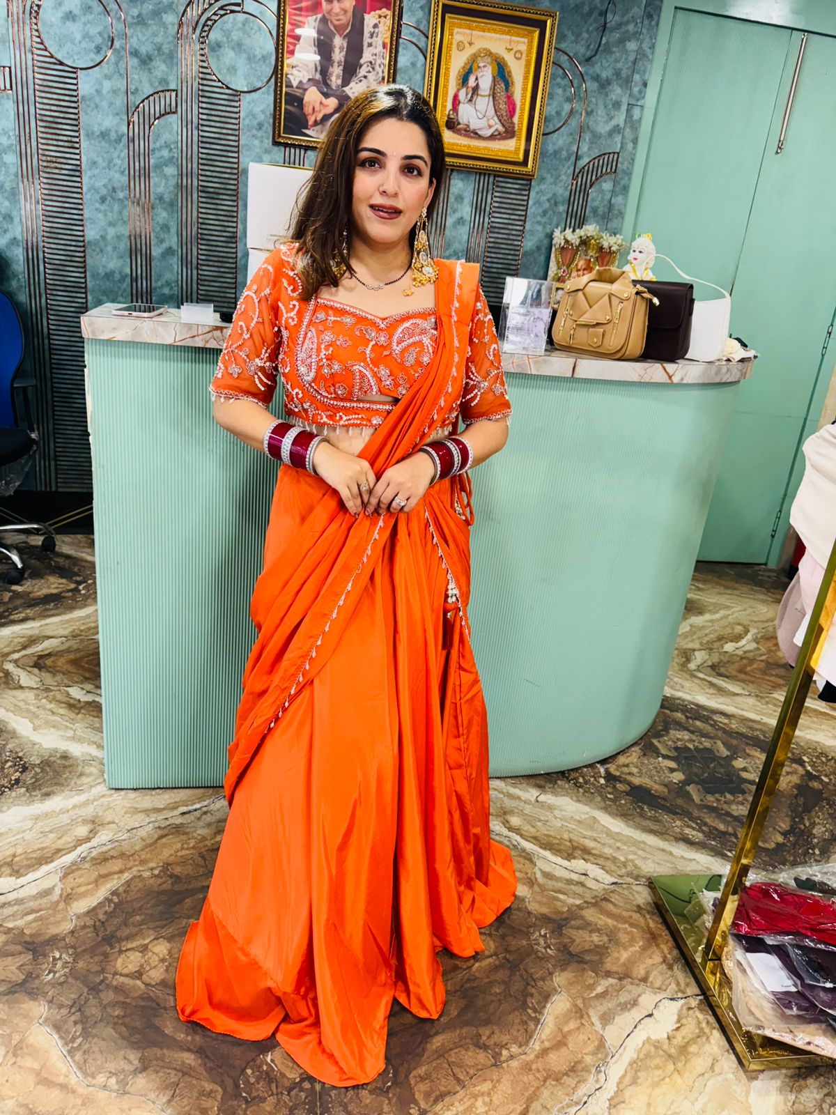 Tangerine Radiance Embroidered Saree Gown