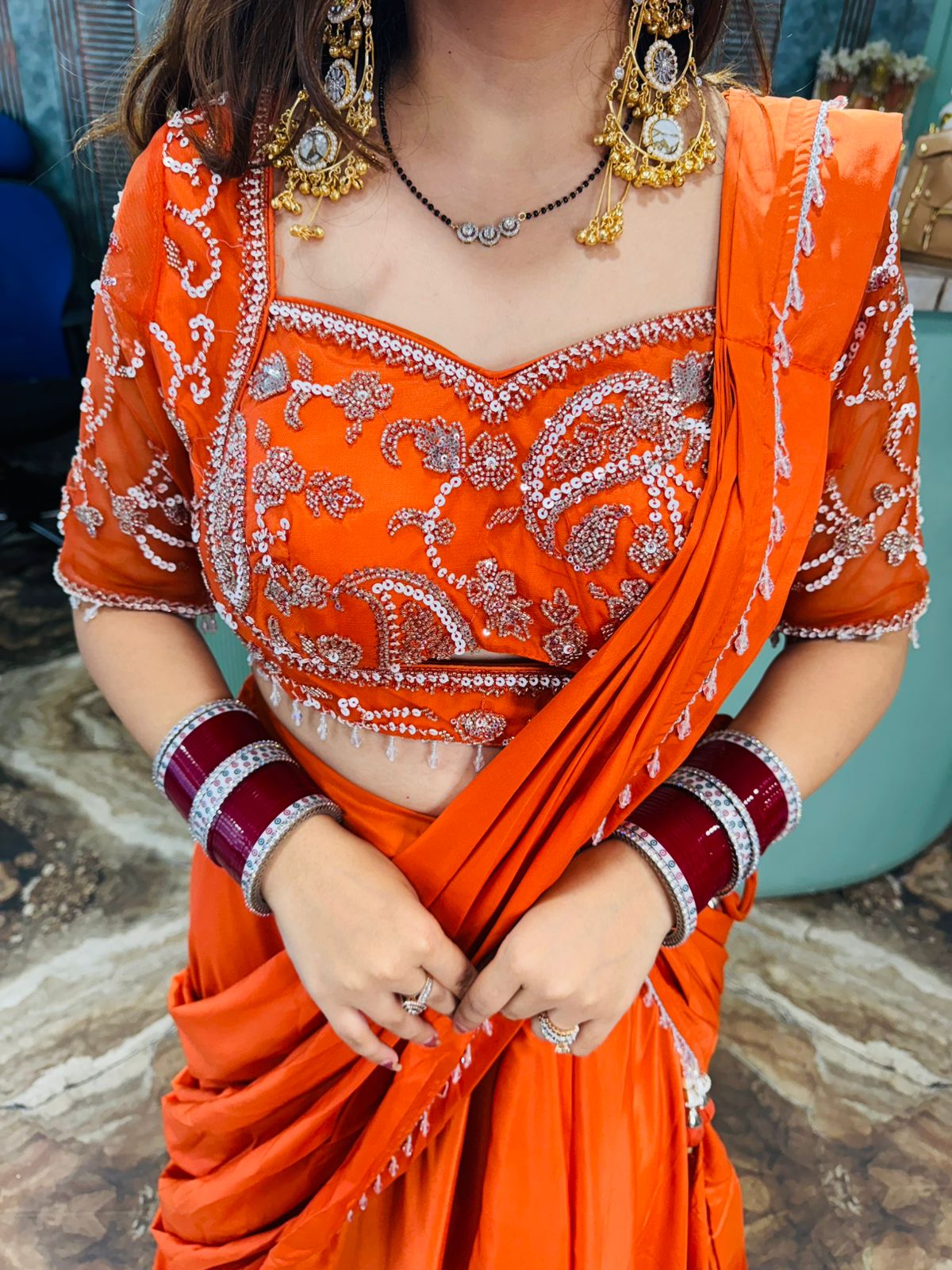 Tangerine Radiance Embroidered Saree Gown