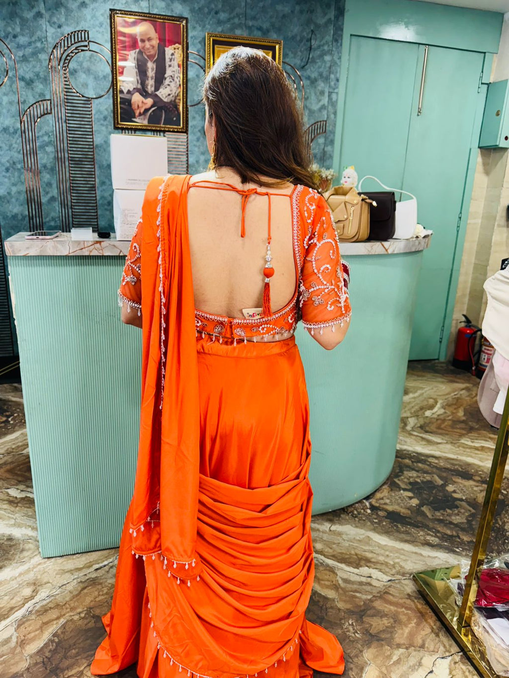 Tangerine Radiance Embroidered Saree Gown