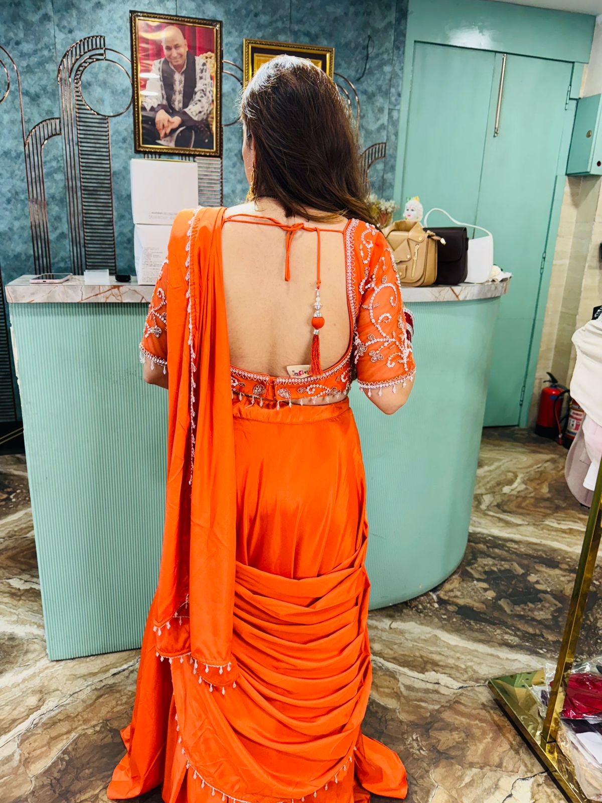Tangerine Radiance Embroidered Saree Gown