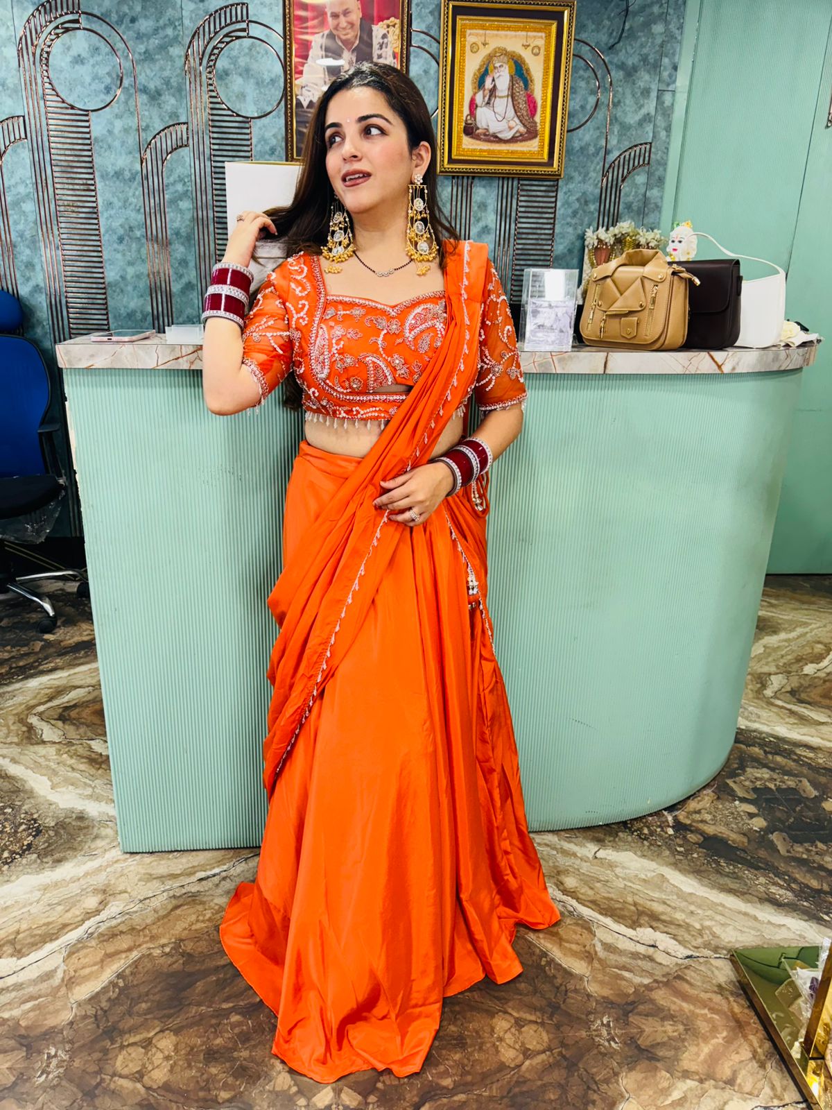 Tangerine Radiance Embroidered Saree Gown