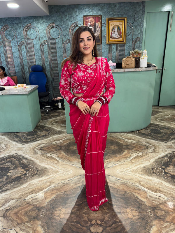 Ruby Blossom Hand-Embroidered Saree