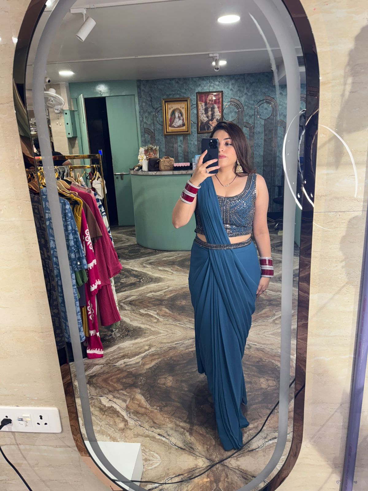 Midnight Teal Glam Pre-Draped Saree