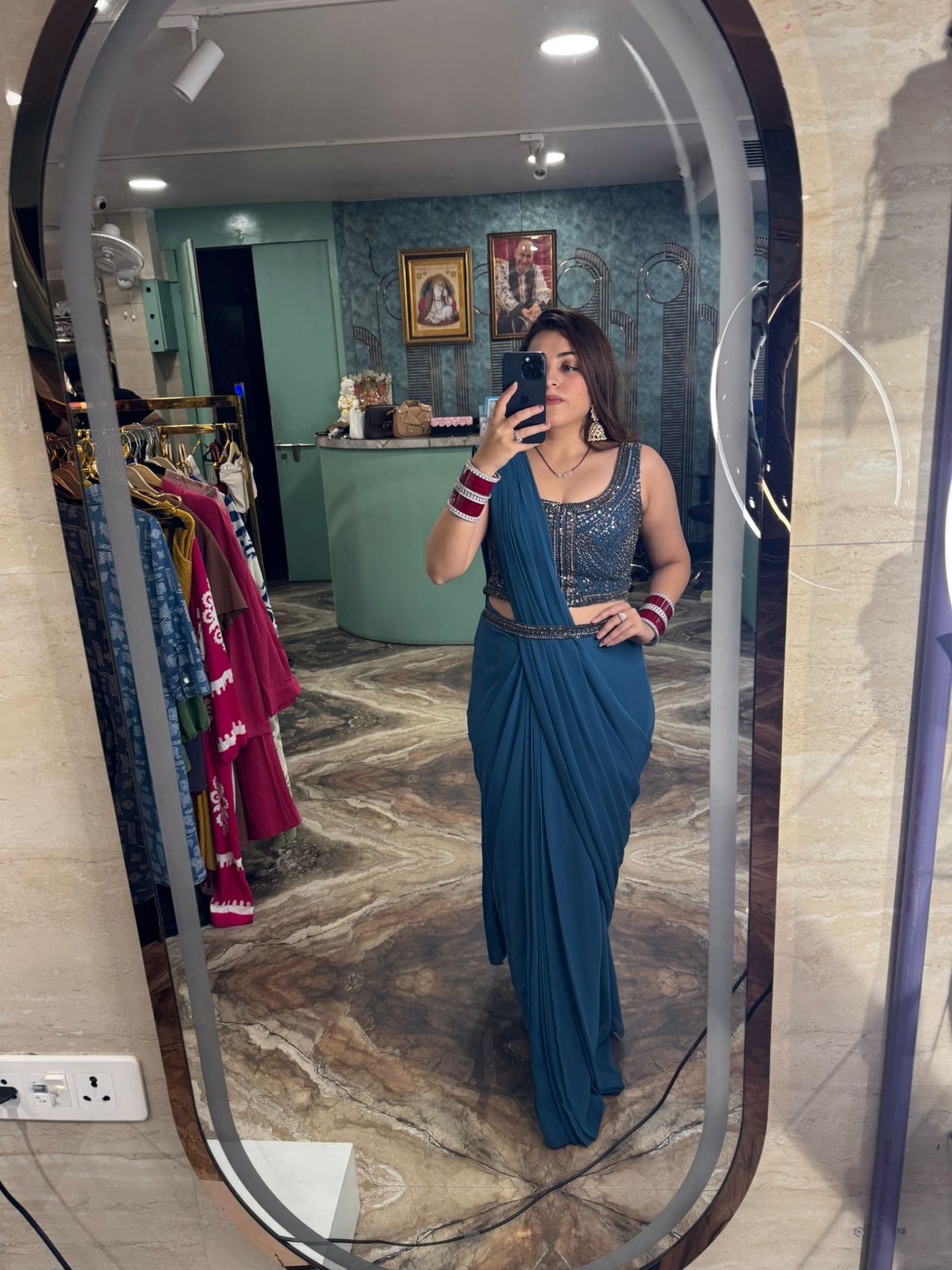 Midnight Teal Glam Pre-Draped Saree