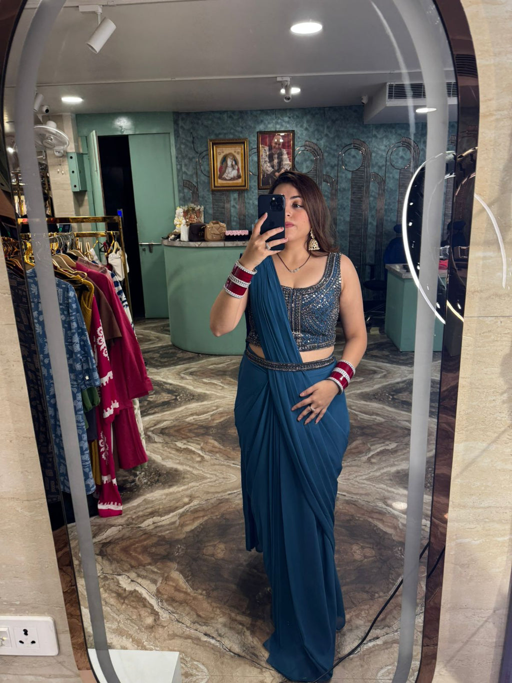 Midnight Teal Glam Pre-Draped Saree