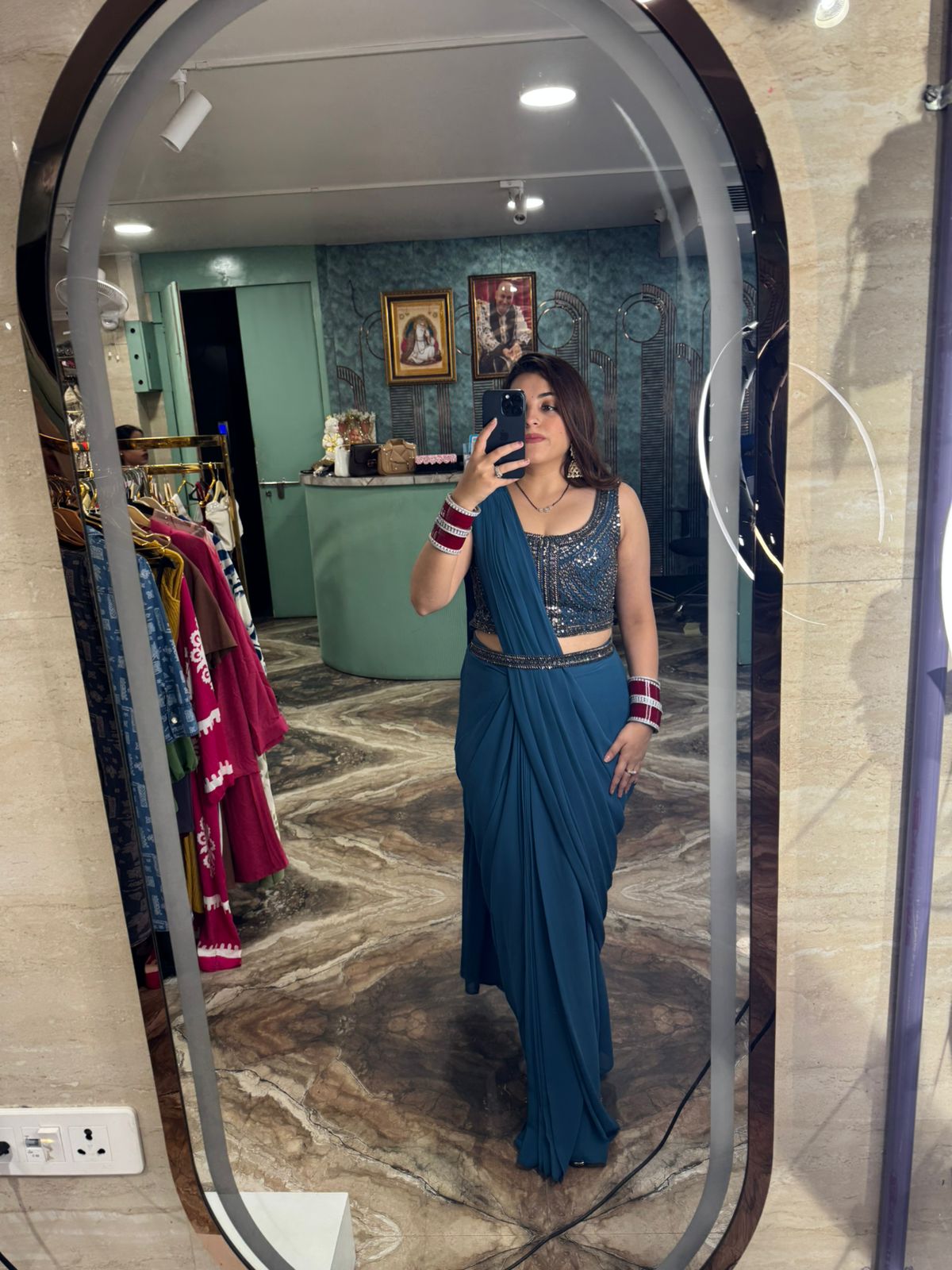Midnight Teal Glam Pre-Draped Saree