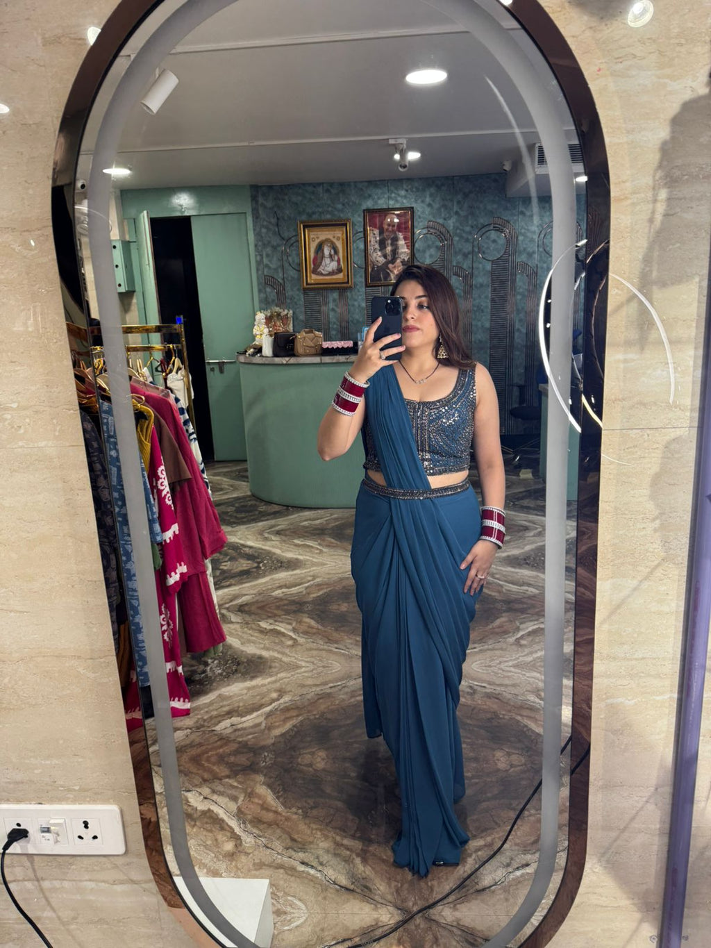 Midnight Teal Glam Pre-Draped Saree