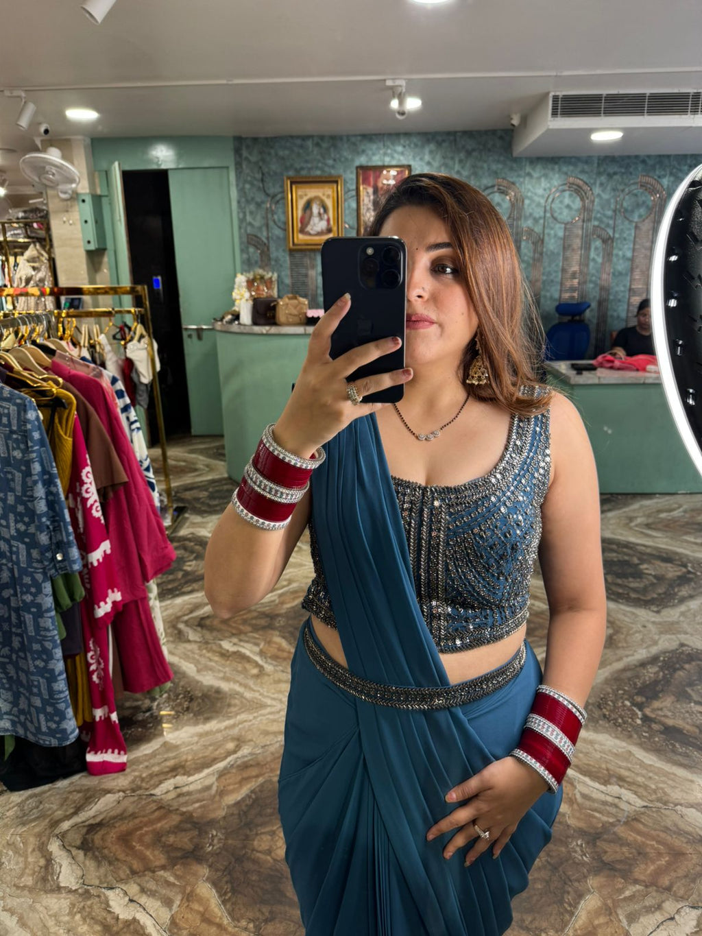 Midnight Teal Glam Pre-Draped Saree