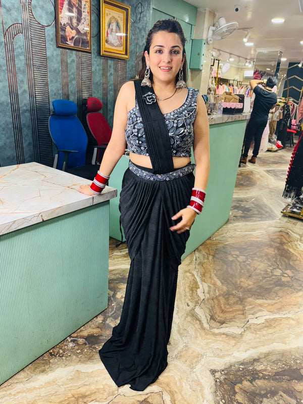Black Embellished Pre-Draped Saree