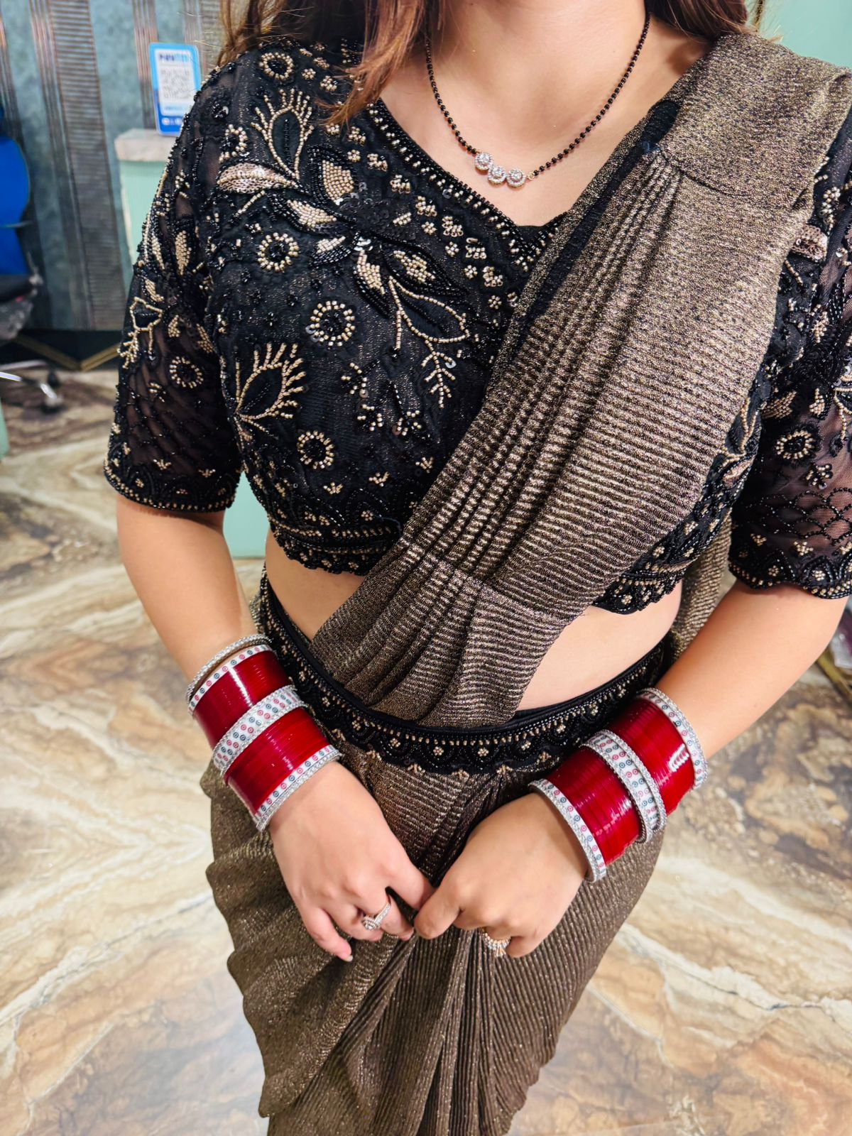 Pre-Draped Saree with Embellished Blouse