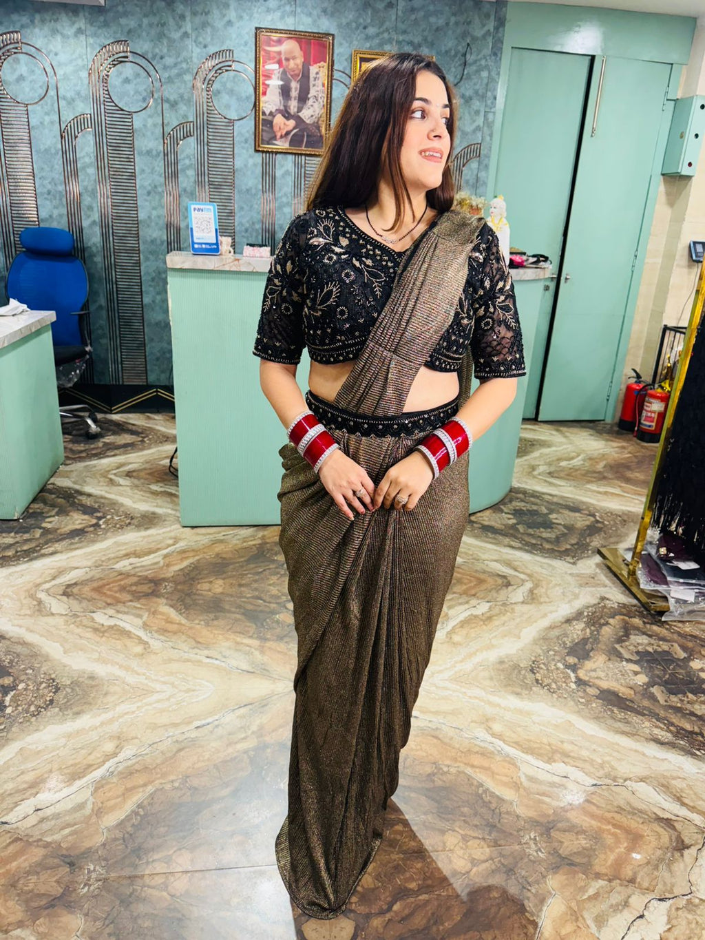 Pre-Draped Saree with Embellished Blouse