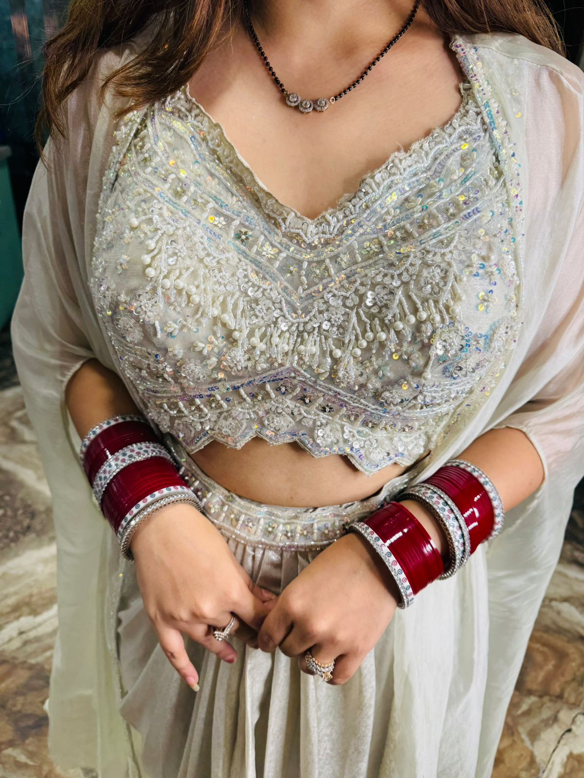 White Embroidered blouse skirt with Shrug