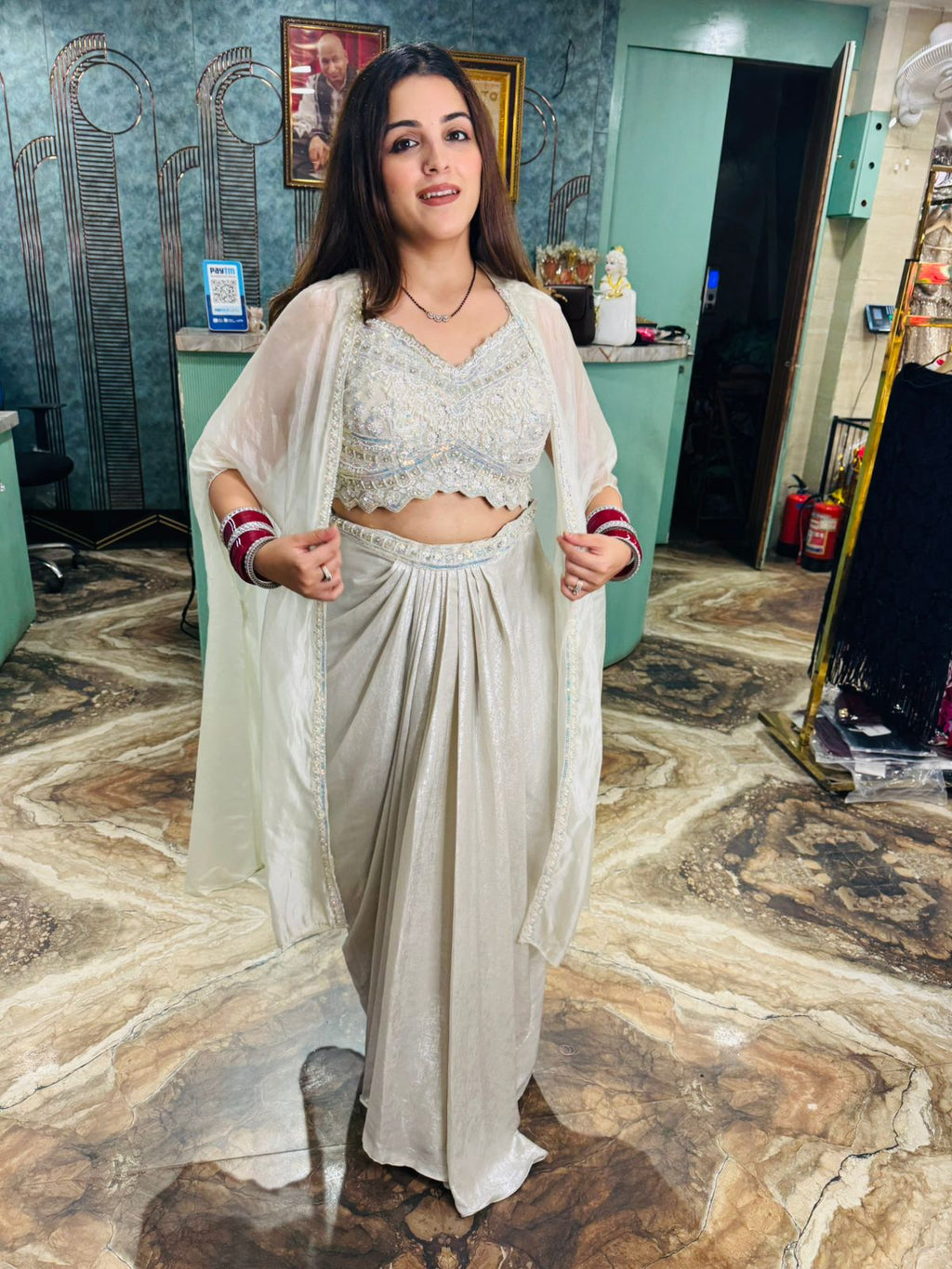 White Embroidered blouse skirt with Shrug