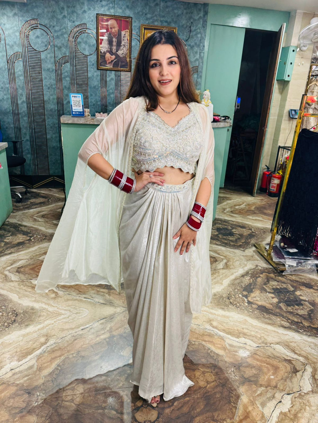 White Embroidered blouse skirt with Shrug