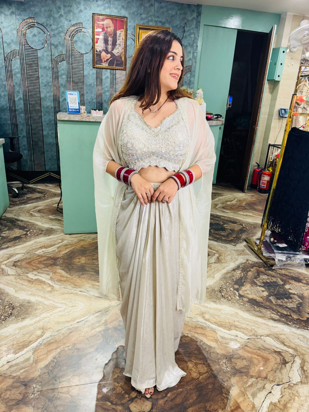 White Embroidered blouse skirt with Shrug