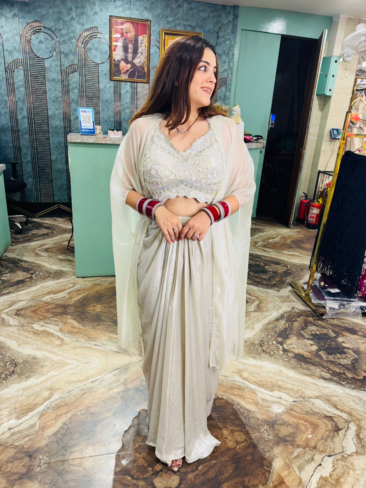 White Embroidered blouse skirt with Shrug