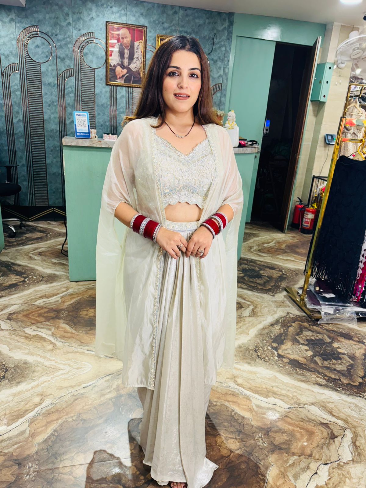 White Embroidered blouse skirt with Shrug