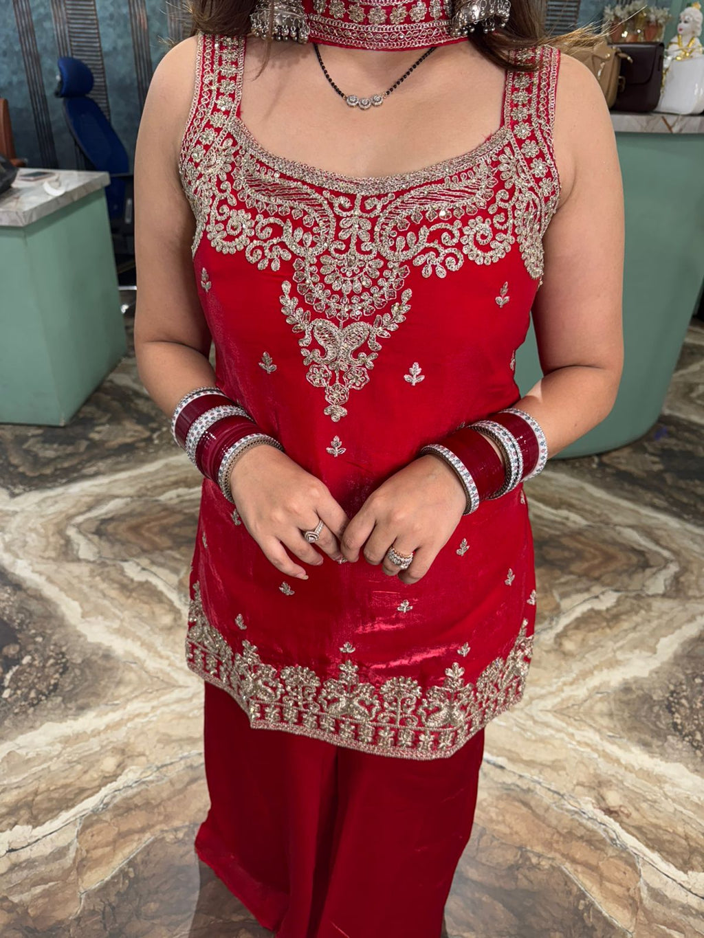 Red Embroidered Palazzo Suit Set