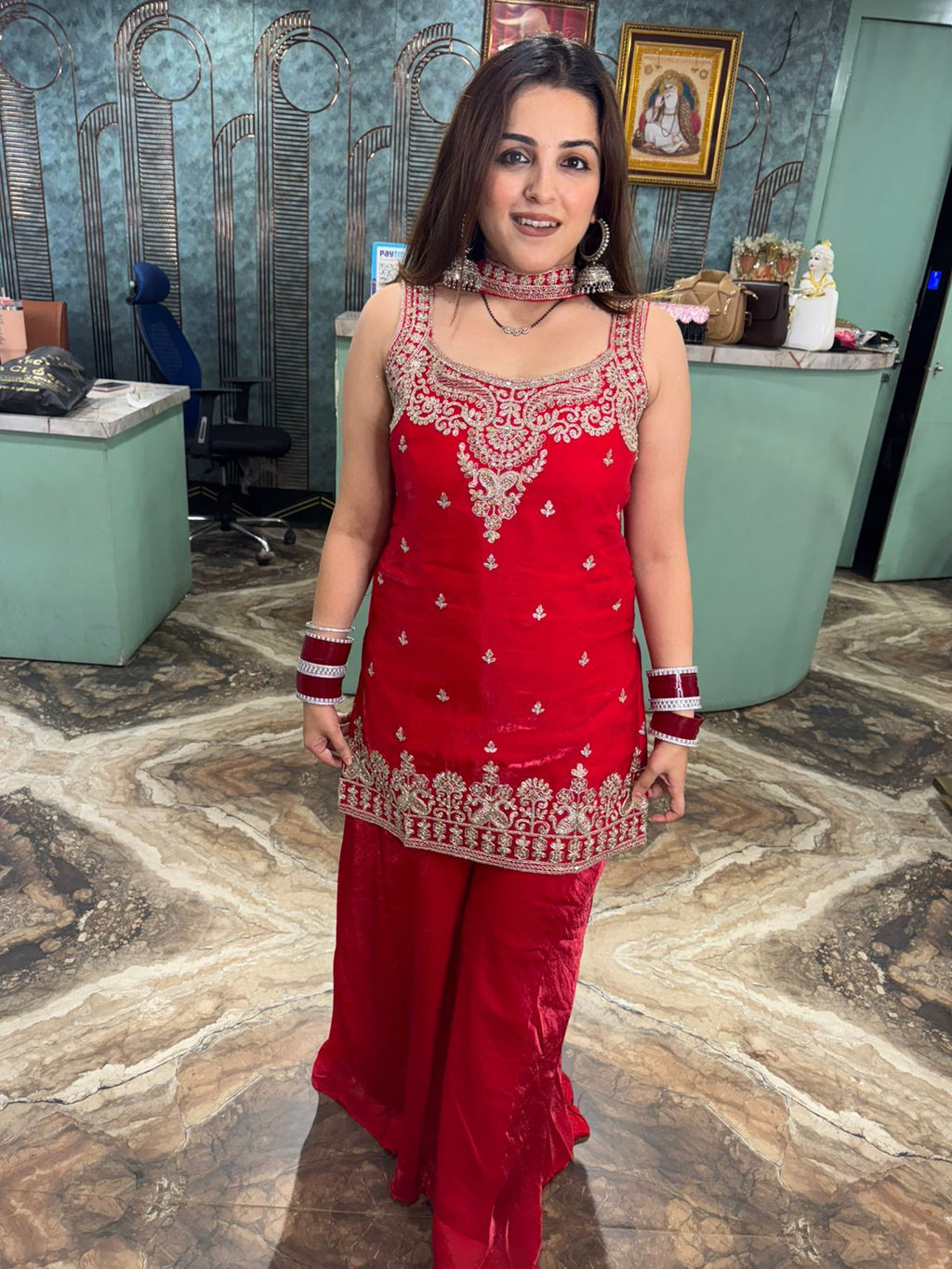 Red Embroidered Palazzo Suit Set