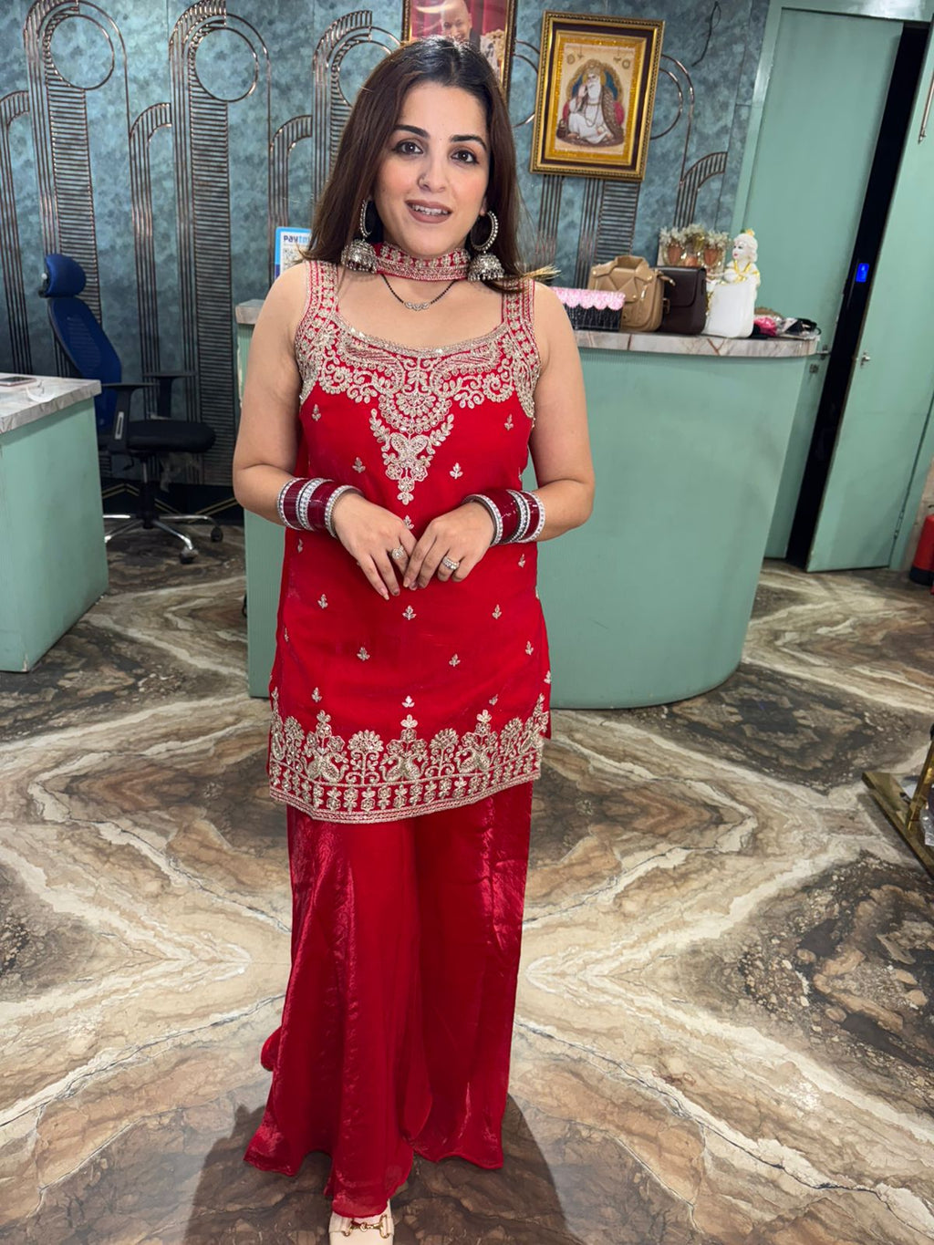 Red Embroidered Palazzo Suit Set