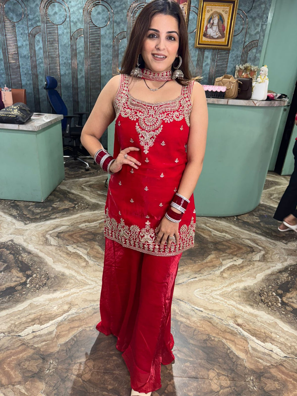 Red Embroidered Palazzo Suit Set