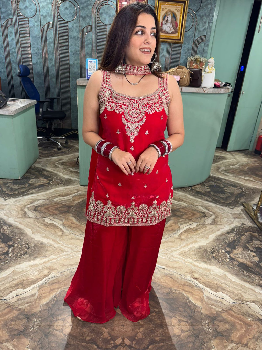 Red Embroidered Palazzo Suit Set