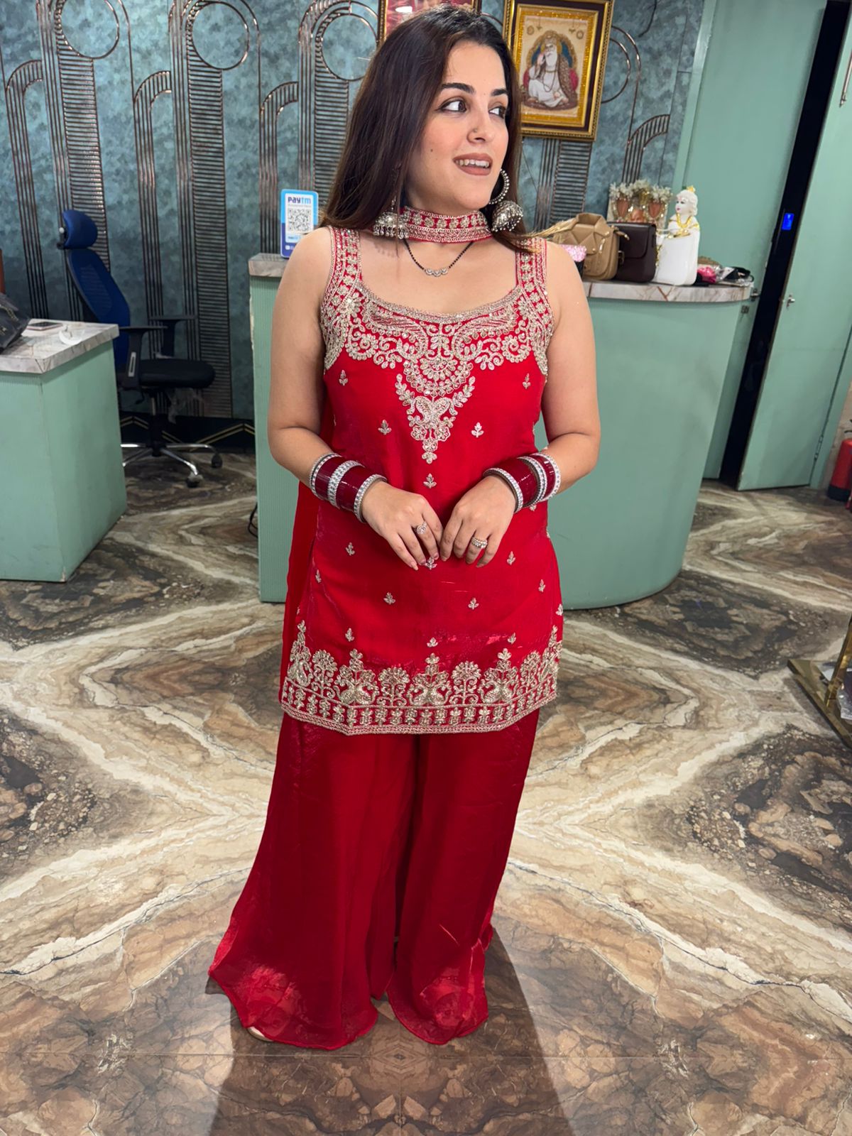 Red Embroidered Palazzo Suit Set