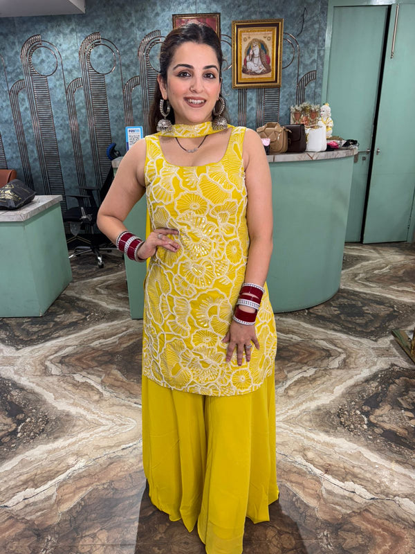 Yellow Embroidered Kurti Sharara Set