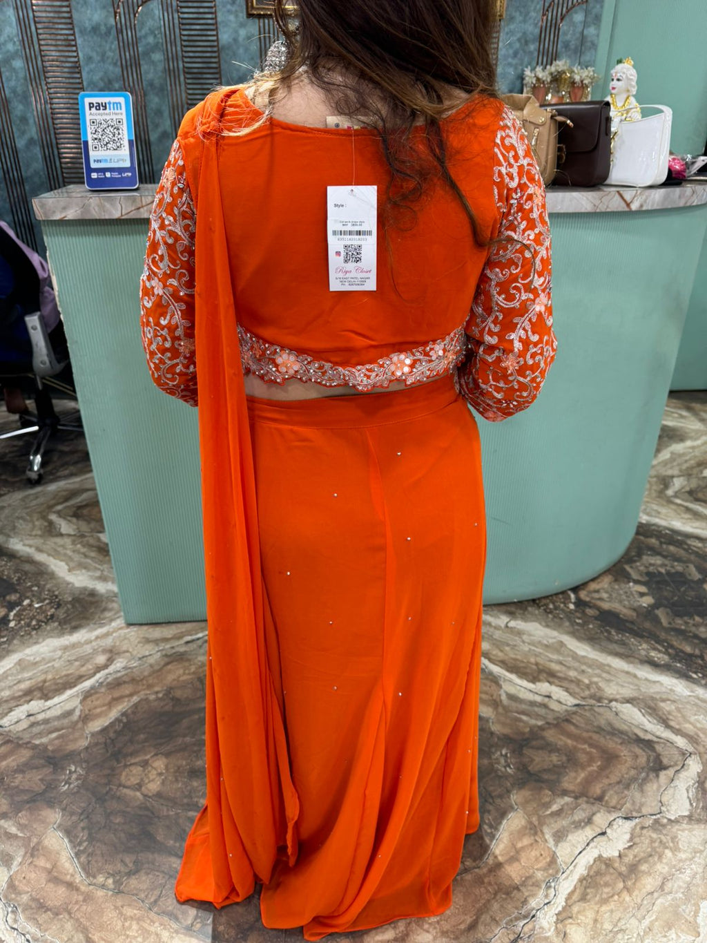 Orange Embroidered drape skirt with blouse