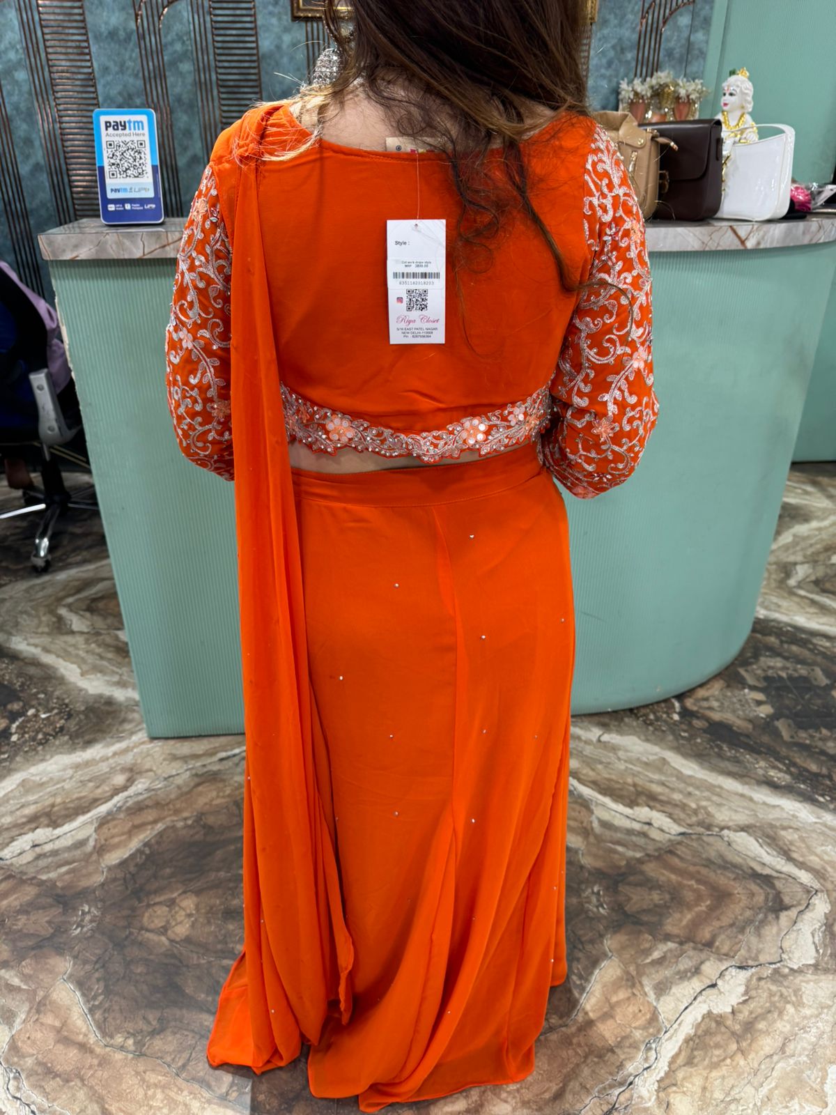 Orange Embroidered drape skirt with blouse