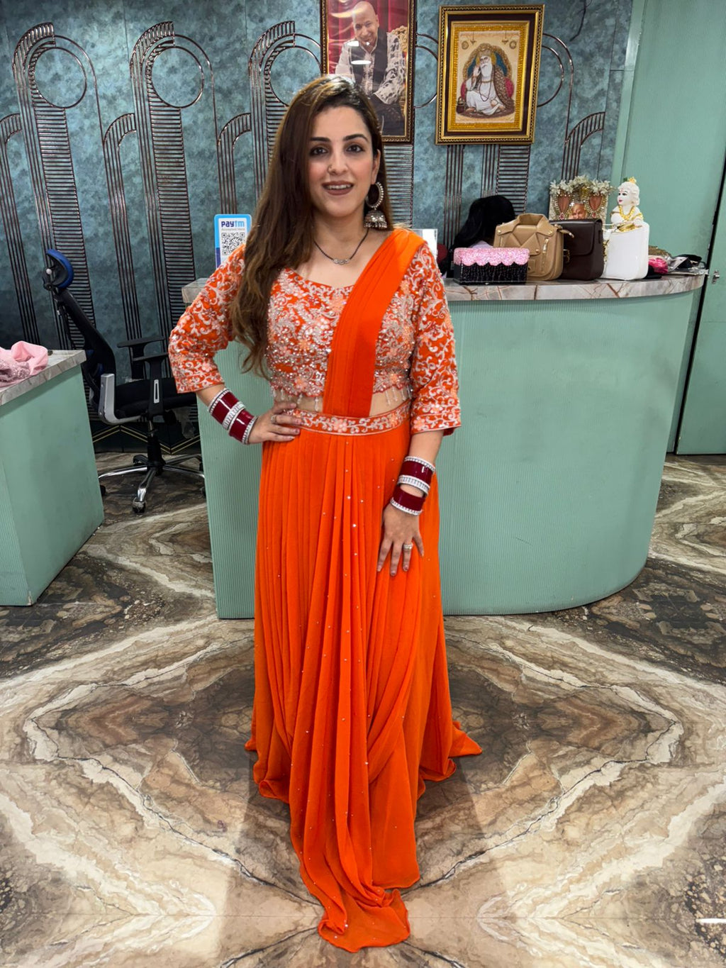 Orange Embroidered drape skirt with blouse