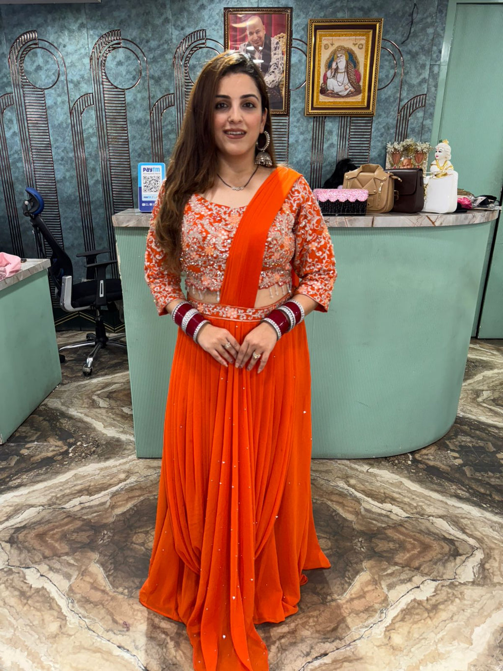 Orange Embroidered drape skirt with blouse