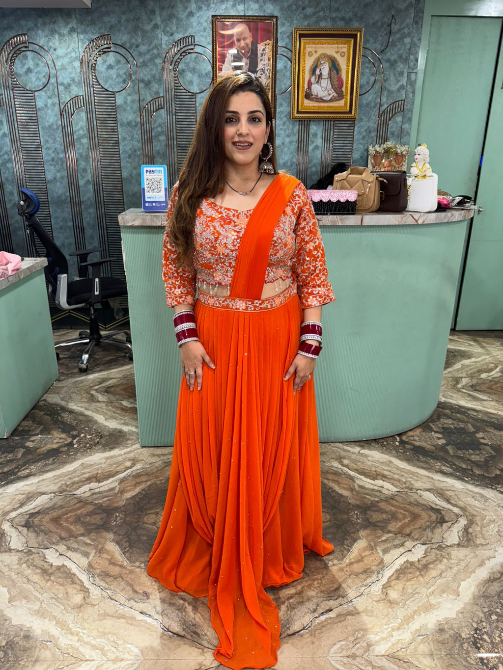 Orange Embroidered drape skirt with blouse