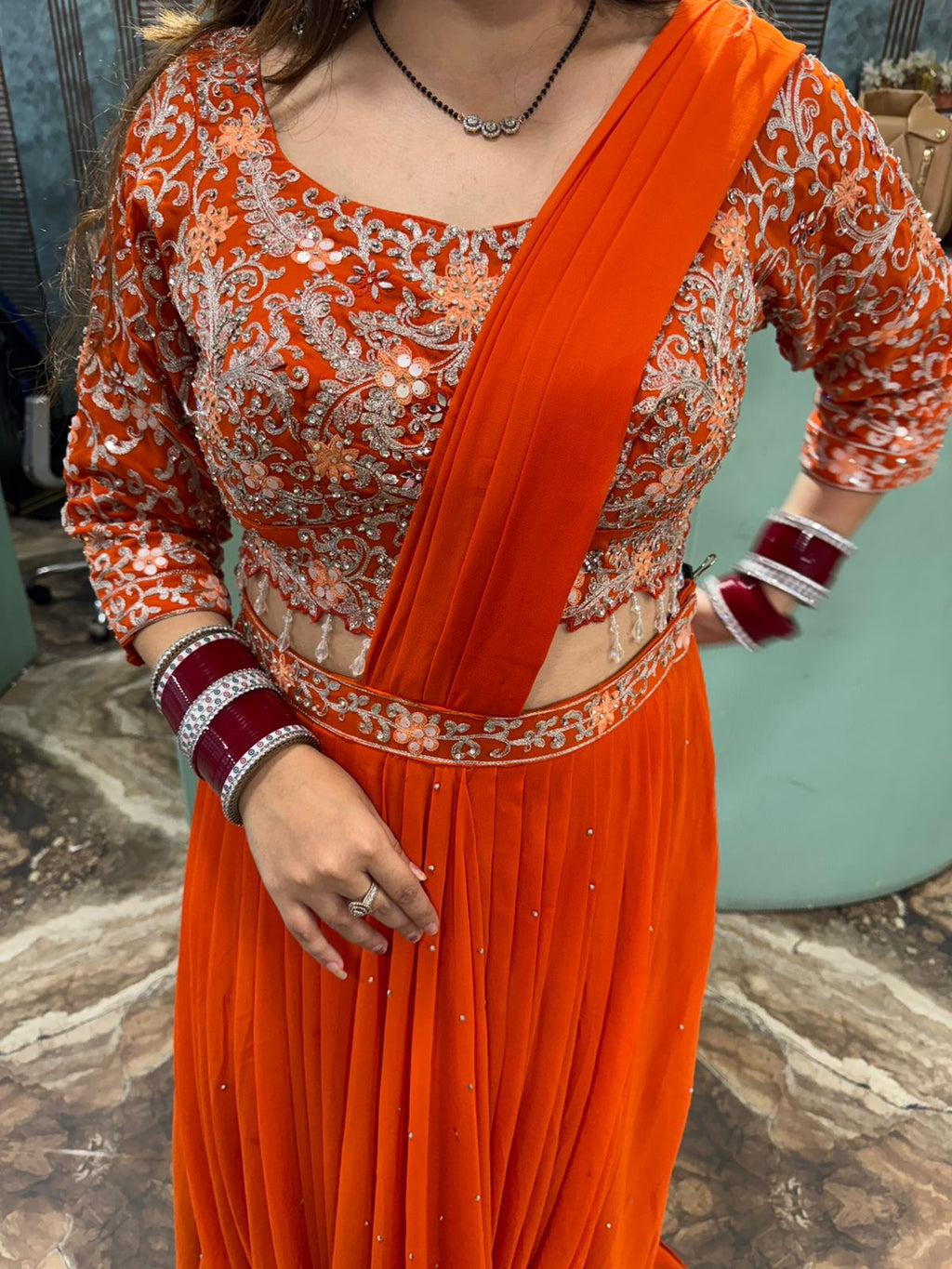 Orange Embroidered drape skirt with blouse