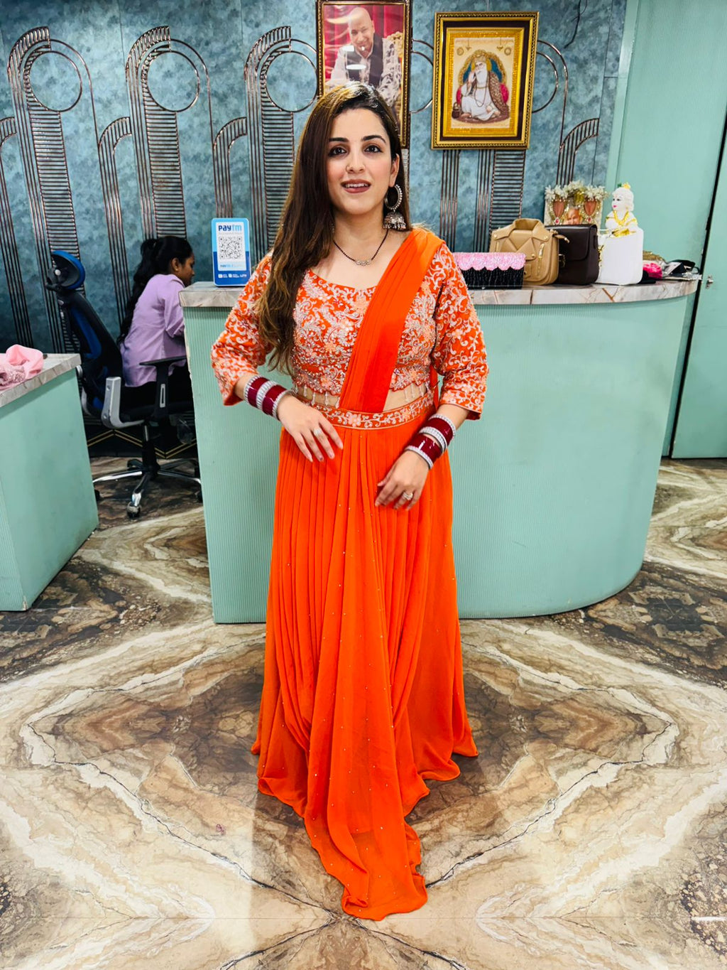Orange Embroidered drape skirt with blouse