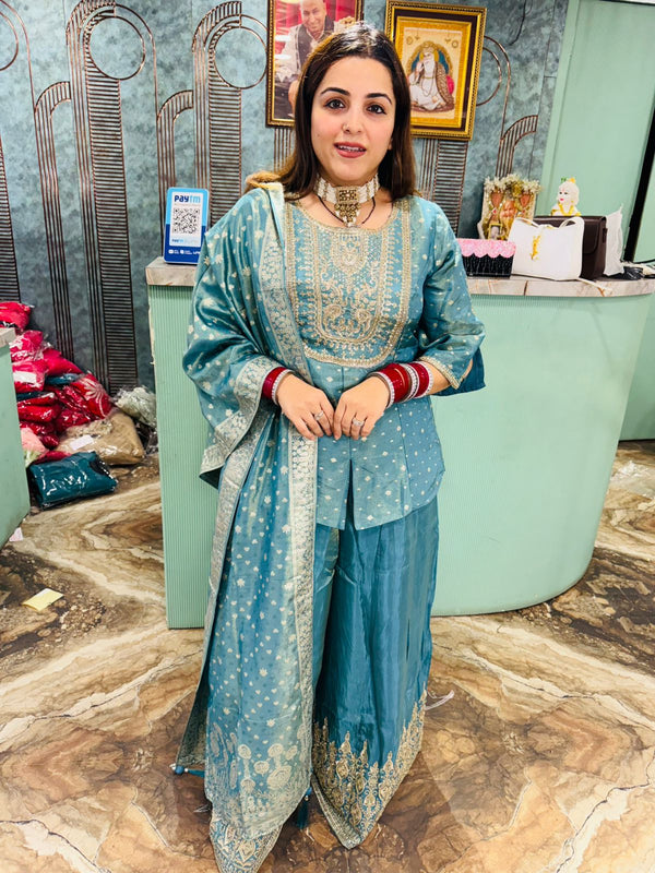Teal Royale Embroidered three Piece Suit Set